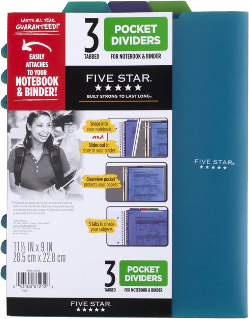 Five Star Pocket Dividers - Tabbed, Fits 3 Ring Binder, 3 Pack, Colors Will Vary (81212)