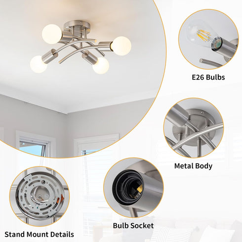 4-Light E26 Bulb WILON Semi Flush Mount Ceiling Light Fixture, Modern Flush Mount Ceiling Lights, Brushed Nickel