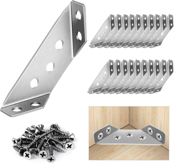 Sissinda 20Pcs Universal Stainless Steel Furniture Corner Connector, Angle Corner Bracket with Screws,