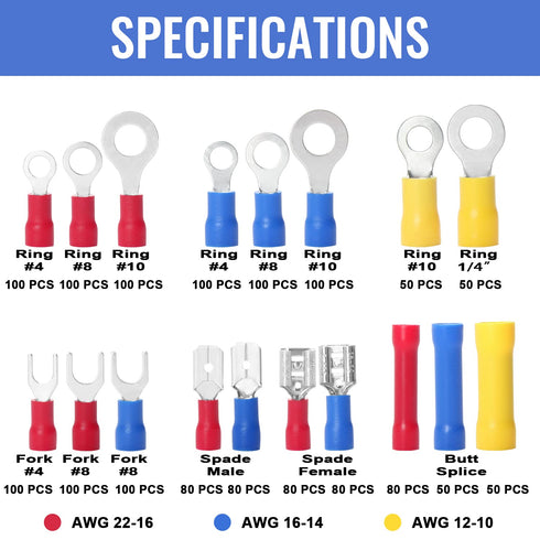 Qibaok 1500pcs Wire Connectors Insulated Electrical Wire Terminals Crimp Connector Kit
