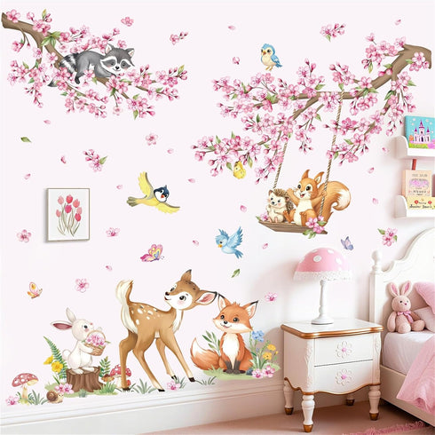 decalmile Woodland Animals Pink Flower Wall Stickers Cherry Blossom Branch Deer Fox Wall Decals Baby Nursery Kids