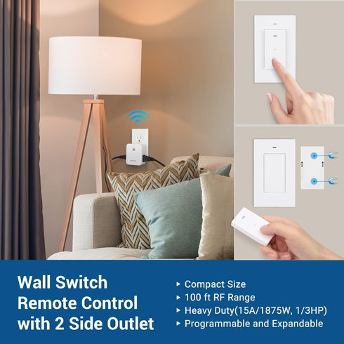DEWENWILS Remote Control Outlet, Wireless Light Switch with 2 Side Outlets, 100 FT Range Remote Outlet Switch for Lamp, No Wiring, 15A/1875W, Compact Design, Programmable