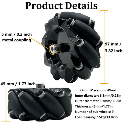 97mm 4WD 5mm (4Pcs Premium Mecanum Wheel, Omnidirectional Wheels DIY Robot Parts with Metal Coupling Motor Connector
