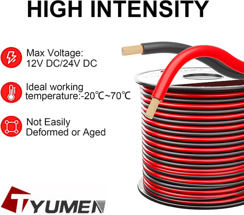 Tyumen 18 100FT, 18/2 12V/24V 18AWG 2 Gauge Wire AWG Red Black Hookup Electrical Wire LED Strips Extension Cord DC