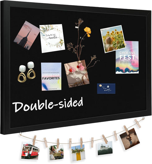 DOLLAR BOSS Large Black Cork Board - Double-Sided Bulletin Board with Linen 24''x 18'' for Office Home School