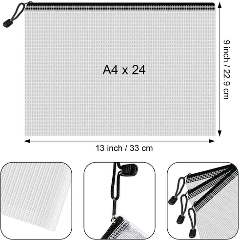 Mesh Zipper Pouch Bags, 24 Pcs Clear A4 Waterproof Document Bags for School Office Organizing Storage