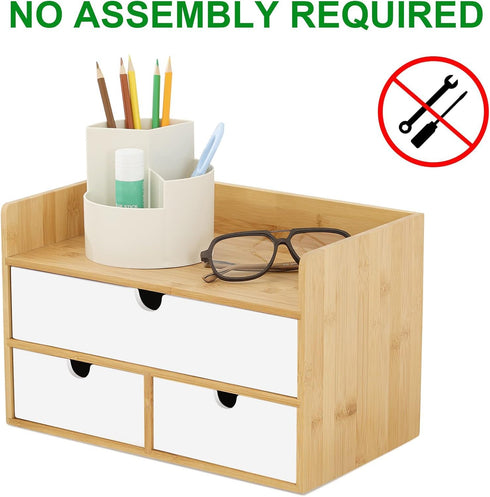 Desk Organizer with Drawers, Bamboo Desktop Storage for Bills, Office Supplies, Cosmetics, No Assembly Required