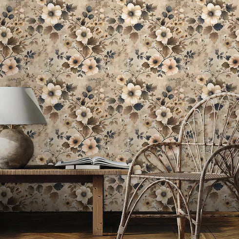 REDAMANCY 17.7"x236" Brown Beige Flower Vintage Peel and Stick Wallpaper Modern Wall Paper Stick on Contact Paper Easy