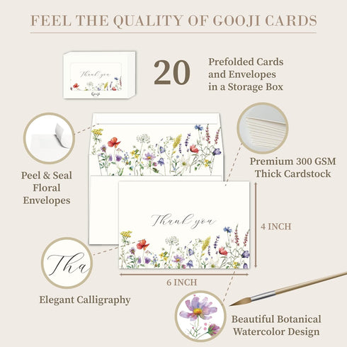 4x6 Midsummer Multipack 20-Pack) Gooji Floral Thank You Cards with Envelopes (Bulk Matching Peel-and-Seal Envelopes