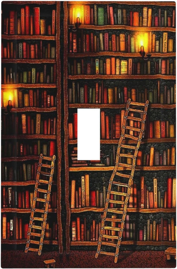 Vintage Printed Bookshelf Library Books Bookcase Single Toggle Light Switch Covers Decorative