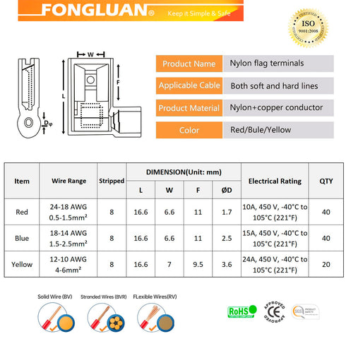 100pcs Nylon Flag Spade Female Insulated Terminals 24-10 Gauge Quick Disconnects Electrical Crimp Terminals Connector Assortment Set
