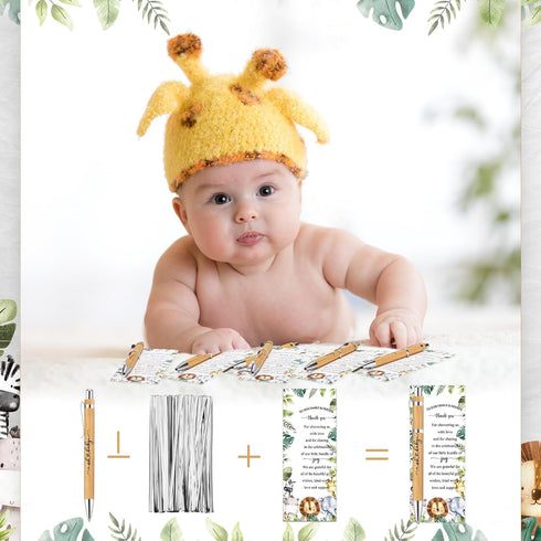 Zhanmai 100 Sets Safari Baby Shower Favors, Includes Bamboo Pens and Thank You Cards, Jungle Safari Decorations
