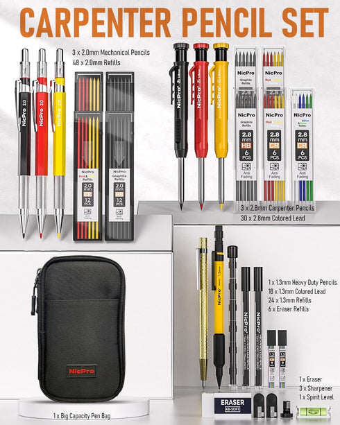 Nicpro 28 Pack Carpenter Pencil Set with Sharpener, Mechanical Pencils, 127PCS Refills, Heavy Duty Construction Pencils