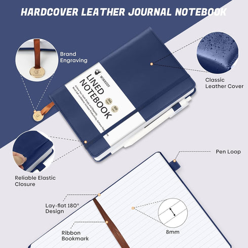 Lined Journal Notebook, 366 Pages, Leather Hardcover Journals, Thick A5 College Ruled Classic Notebook with Pen Loop