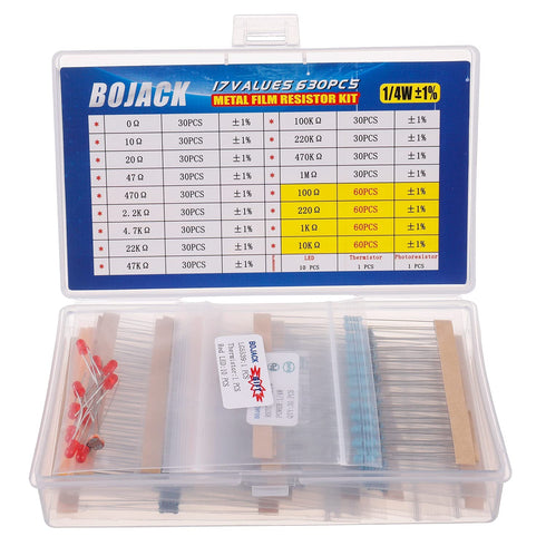 BOJACK 630 Pcs 17 Values Resistor Kit 0 Ohm-1M Ohm with 1% 1/4W Metal Film Resistors Assortment