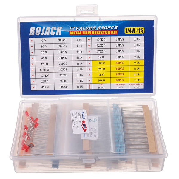 BOJACK 630 Pcs 17 Values Resistor Kit 0 Ohm-1M Ohm with 1% 1/4W Metal Film Resistors Assortment