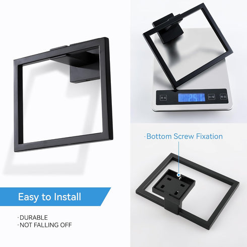 Hand Towel Holder for Bathroom, Matte Black Square Wall Mount Towel Rings, SUS 304 Stainless Steel Shower Hanger