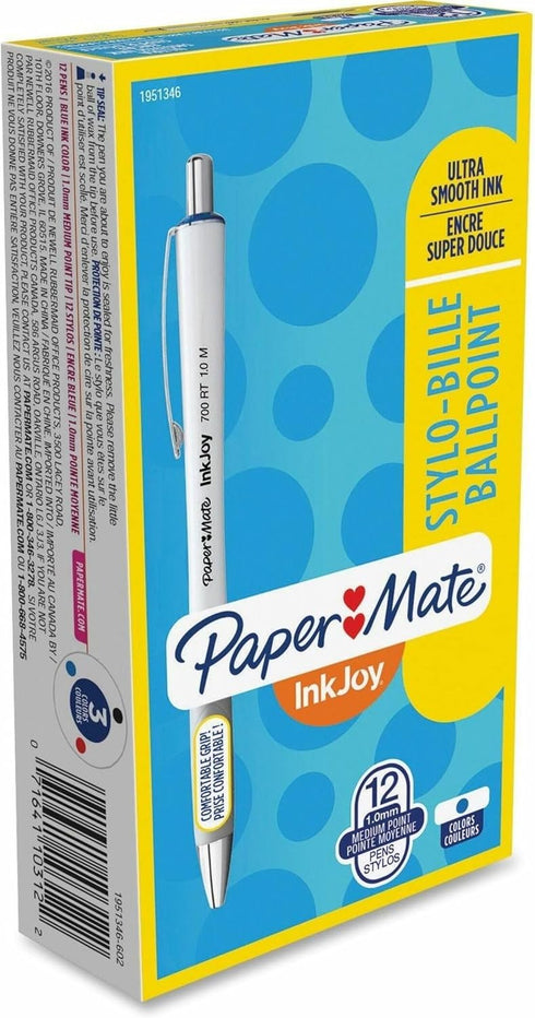Paper Mate Inkjoy 700 Rt Ballpoint Pen, Retractable, Medium 1mm, Blue Ink, White/Blue Barrel, Dozen