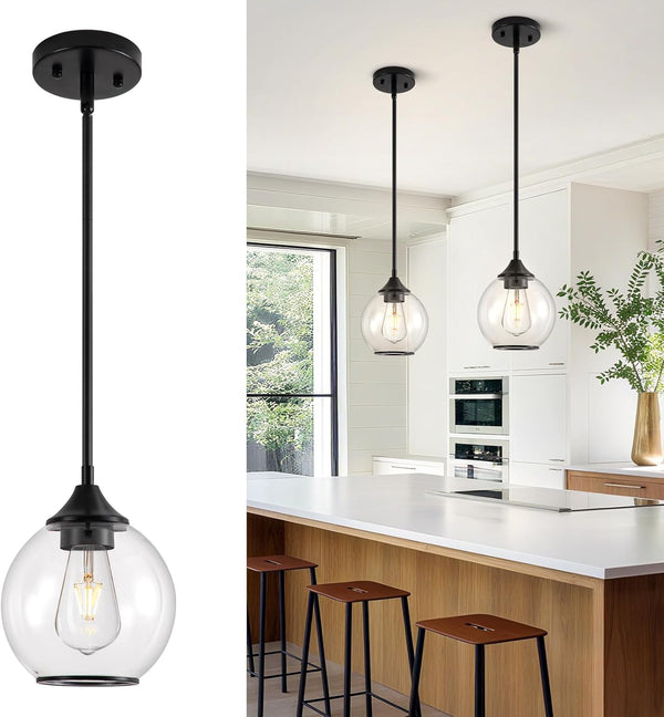Pendant Lights Kitchen Island,Farmhouse Black Pendant Light with Clear Glass Globe Shade,6.29"