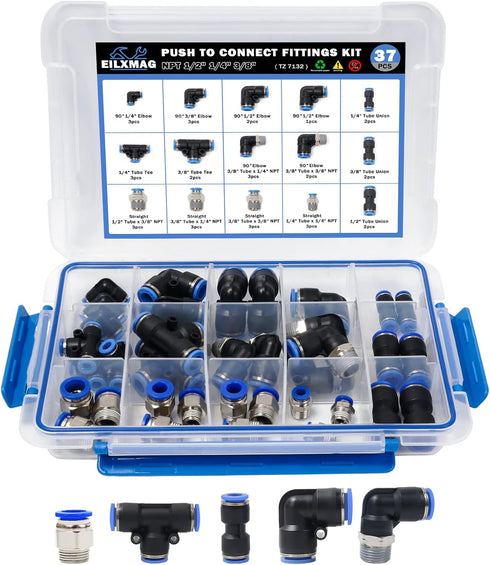 37 Pcs Quick Connect Air Hose Fitting Kit, 1/4" 3/8" 1/2" Push To Connect Fittings for Truck or Industrial Air