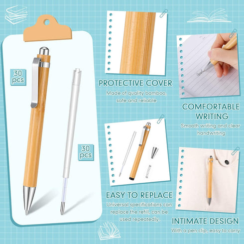 Fainne Bamboo Pens Bulk, Natural Engraving Retractable Bamboo Pen with Extra Black Ink Refills (30 Pcs)
