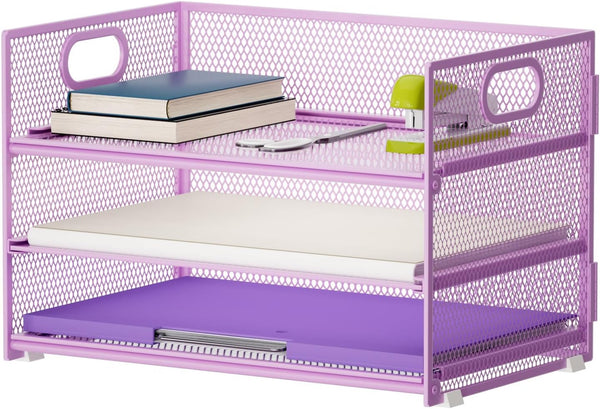 Marbrasse 3 Tier Paper Organizer, Mesh File Organizer with Handle for Home Office Supplies (Purple)