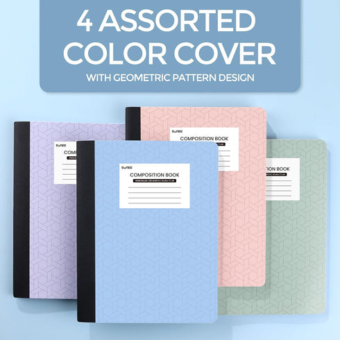 SUNEE Composition Notebooks (4 Pack), Wide Ruled Paper, 9 3/4" x 7 1/2", 80 Sheets/160 Pages, Assorted Colors