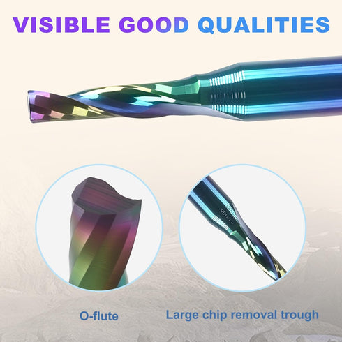 10 1/8 inch Pcs O Flute Spiral Router Bit Shank, Up Cut Solid Carbide Milling Cutters with DLC Coating, Single Flute