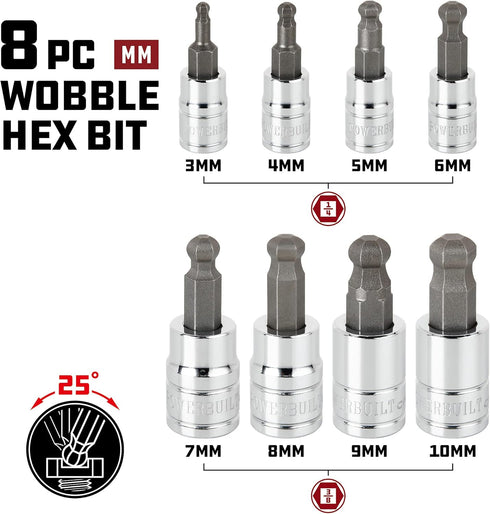8 Set, 3-10mm, 25 S2 642403 Powerbuilt Piece Metric Wobble Ball Hex Bit Sizes Wobble design works at angles up