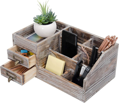 Liry Products Rustic Torched Wooden Desktop Organizer, Dark Brown Tabletop Storage Cabinet with 2 Tier Drawers