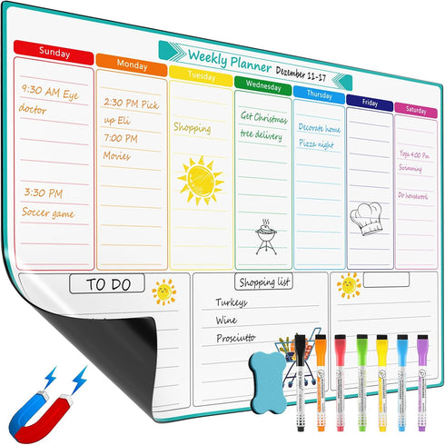 MaxGear Weekly Dry Erase Board - Magnetic Calendar Whiteboard Planner for Fridge, 17"x12" with Markers and Eraser