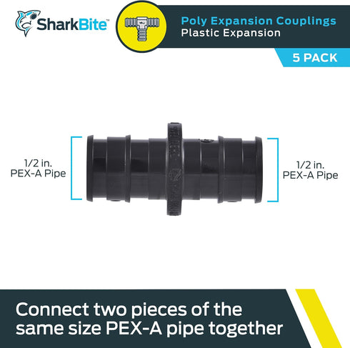 SharkBite 1/2 Inch Poly Expansion Coupling for PEX-A Pipe, Pack of 5, Plastic Plumbing Fittings, Plastic Coupling for PEX-A Tubing, UA008A5 by SharkBite