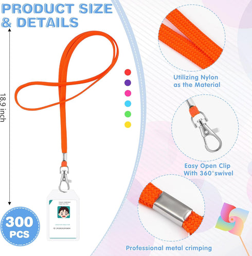Qilery 300 Pcs Lanyards for ID Badges, Bulk with Clip Lanyard Strap, Swivel Hook for Teacher, Kid, Adult, Office