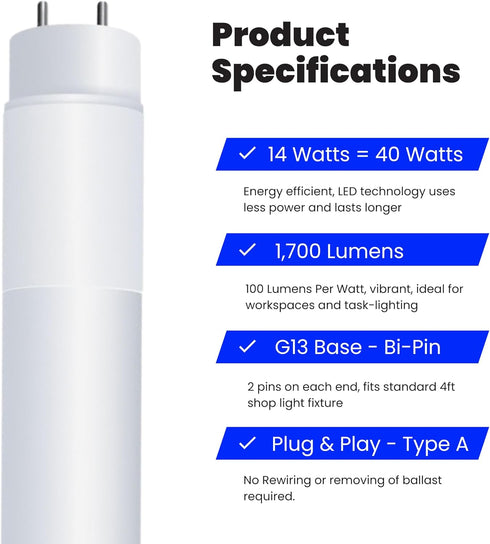 T8 Bulbs 4 40 T8 T12 T48/840/LEDG2/4, 4100K 4 Pack Feit Electric LED Foot, Watt Equivalent, Type A Tube Light, Plug