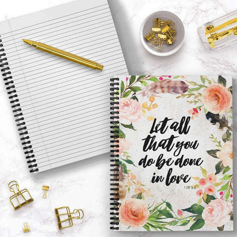 Softcover Done in Love 8.5" x 11" Religious Spiral Notebook, 120 College Ruled Pages, Durable Gloss Laminated Cover