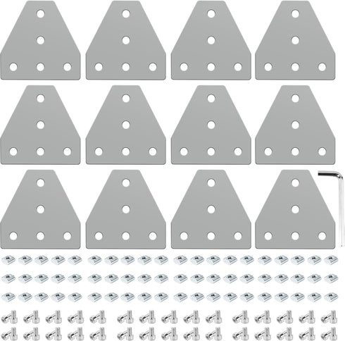 12 Set Silver 2020 Corner Bracket Joint Plate - T Shape Aluminum Extrusion Connector with 60Pcs T-Nuts