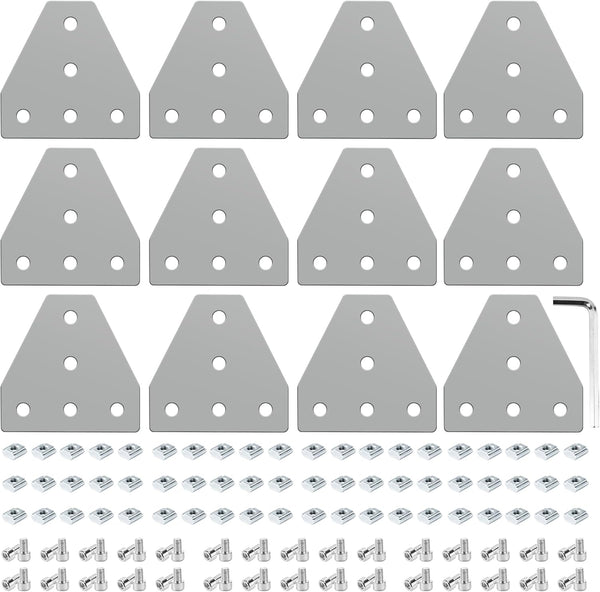 12 Set Silver 2020 Corner Bracket Joint Plate - T Shape Aluminum Extrusion Connector with 60Pcs T-Nuts