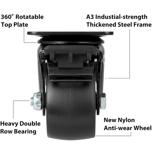 Finnhomy 3 Inch Caster Wheels Set of 4, Heavy Duty Low Profile Plate Swivel Casters with Brake, Black