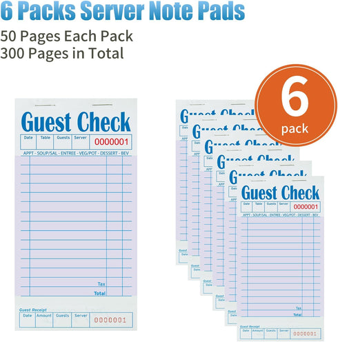 6 Pack 50 Sheets/Pack, 300 ZPARIK Purple Guest Checks Books for Servers Server Note Pads, Waiter Checkbook, Waitress
