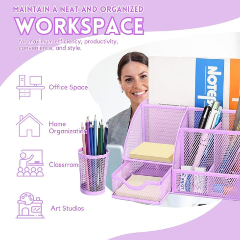 Flexzion Desk Top Caddy Organizer, Purple Office Desk Accessories with 6 Compartments, Drawer