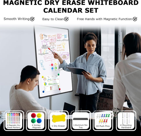 EAONE Monthly Calendar Whiteboard and Cork Board Combo, 24" X 18", Double-Sided Magnetic Dry Erase Calendar, Black