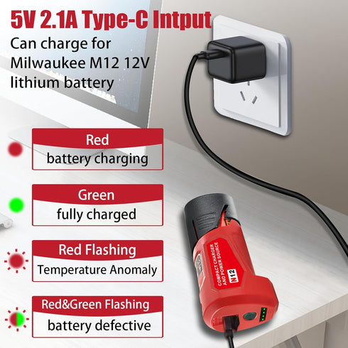 Milwaukee 12V M12 Battery Power Source Adapter, Power Wheel Charger Adapter with 12V DC Port for Heated Jacket