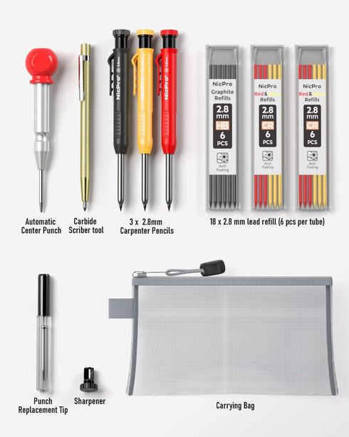 Nicpro 10 Pack Carpenter Pencil Set with Sharpener, Mechanical Carpenter Pencils with 21 Refill, Heavy Duty