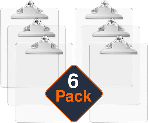 Plastic Transparent Clipboards Set of 6, Strong 12.5 x 9 Inch Clipboards Holds 100 Sheets, School Supplies