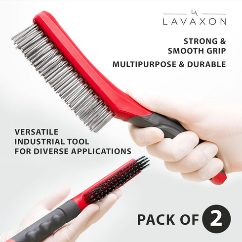 Set-Heavy 10 Inches, (Pack 2-Red) Lavaxon Wire Brush Duty Stainless & Carbon Steel Bristles with Plastic Handle Grip
