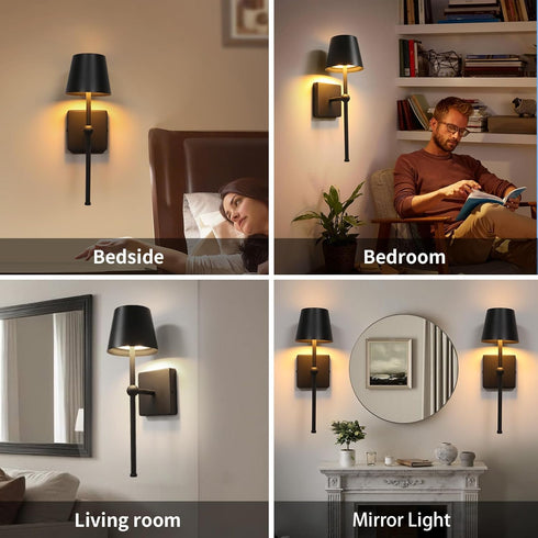 IZOKIN Set Battery Operated Wall Sconce Rechargeable Wireless Cordless Wall lamp Decor of one Black for Bedroom Living