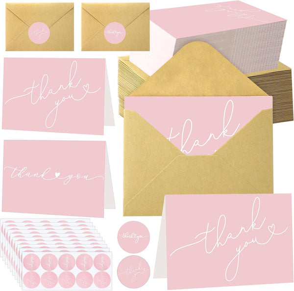 Supervitae 100 Pack Pink Thank You Cards Bulk with Envelopes and Stickers 3.5