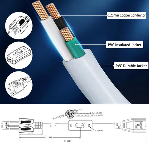 Long Extension Cord with Switch On/Off, 3 Prong Grounded Plug Indoor Power Cord 6.56 FT Waterproof