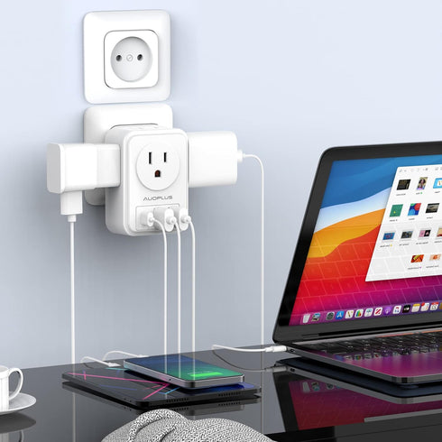 2 Pack European Travel Plug Adapter with USB C, US to Europe Power Adapters with 4 AC Outlets, 3 USB Charging Ports,