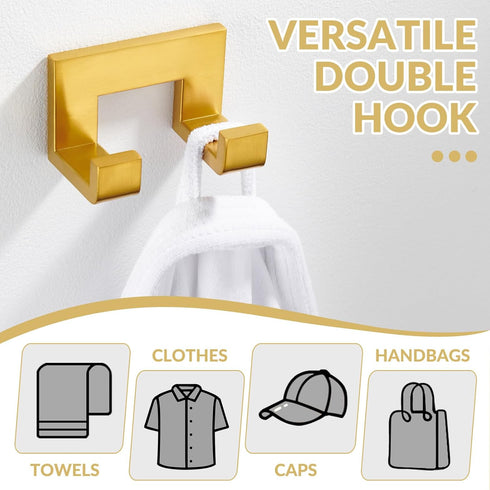 APLusee Brushed Gold Bath Robe Hook, 304 Stainless Steel Double L Shape Coat Hanger, Bathroom Home Accessories